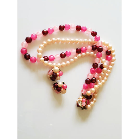 Vintage Mid Century Pink Shaded Pearl Necklace and Earring Set
