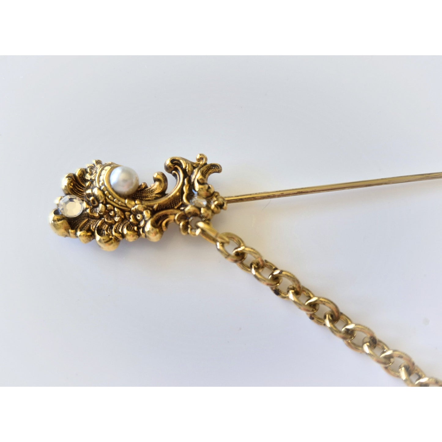 Vintage Long 9in Art Nouveau Faux Pearl Lapel Pin