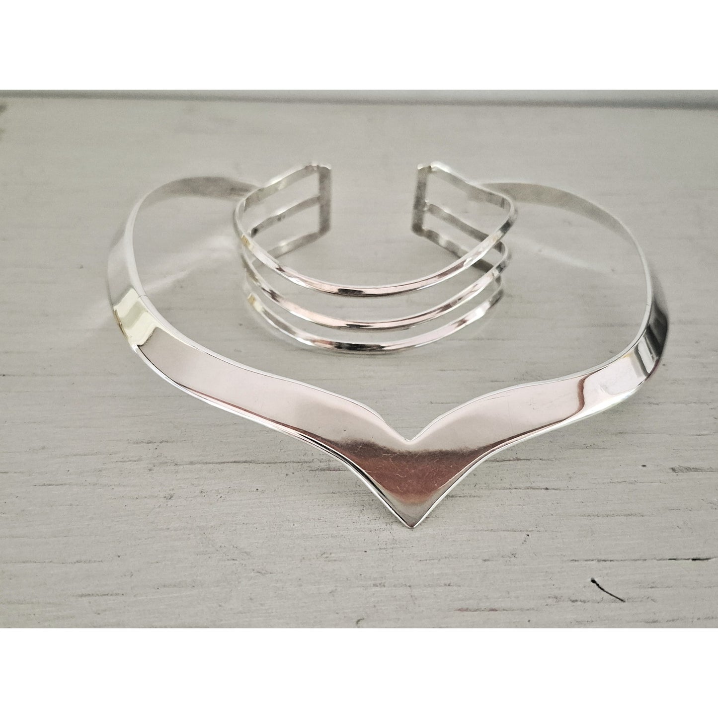 Vintage Silver Plate Chevron Mexico Collar Necklace with Bracelet Lot
