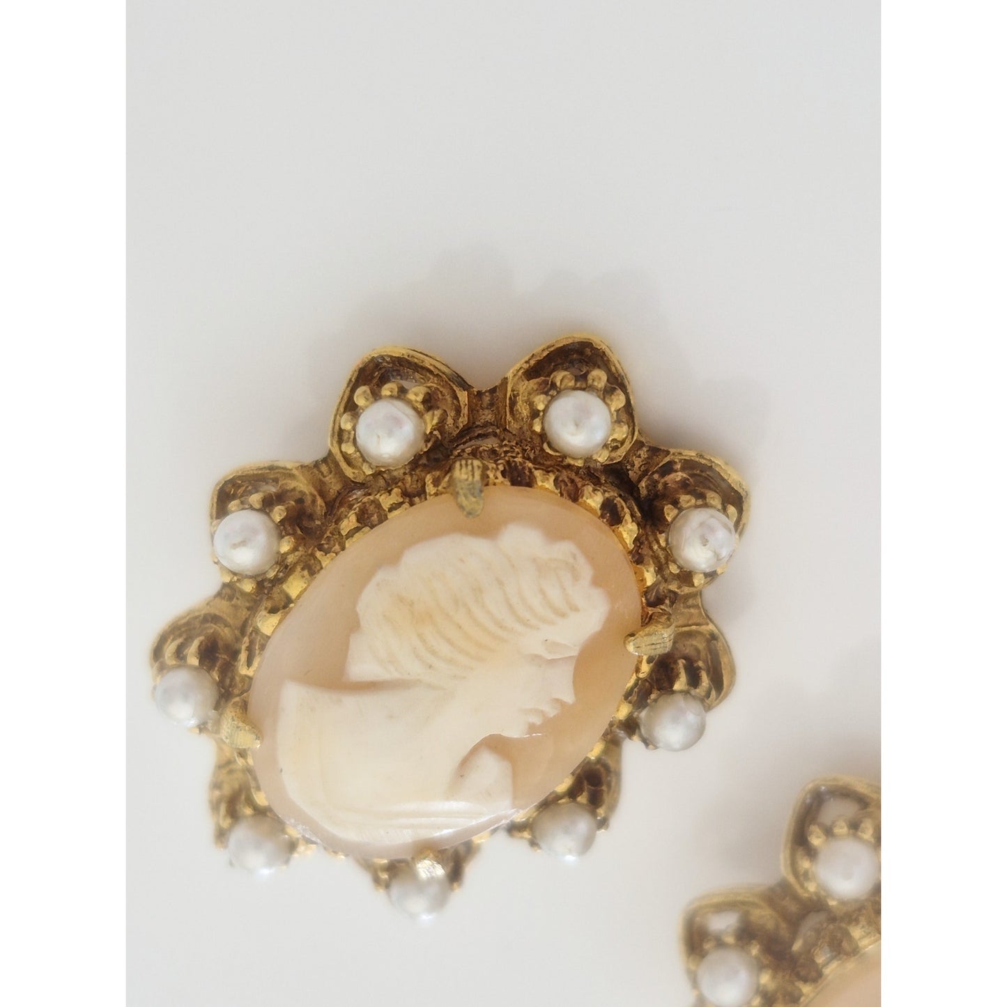 Vintage MCM Pearl Halo Victorian Lady Cameo Earrings