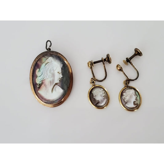 Vintage Sterling Silver Mother of Pearl Brooch Pendant and Earring Set