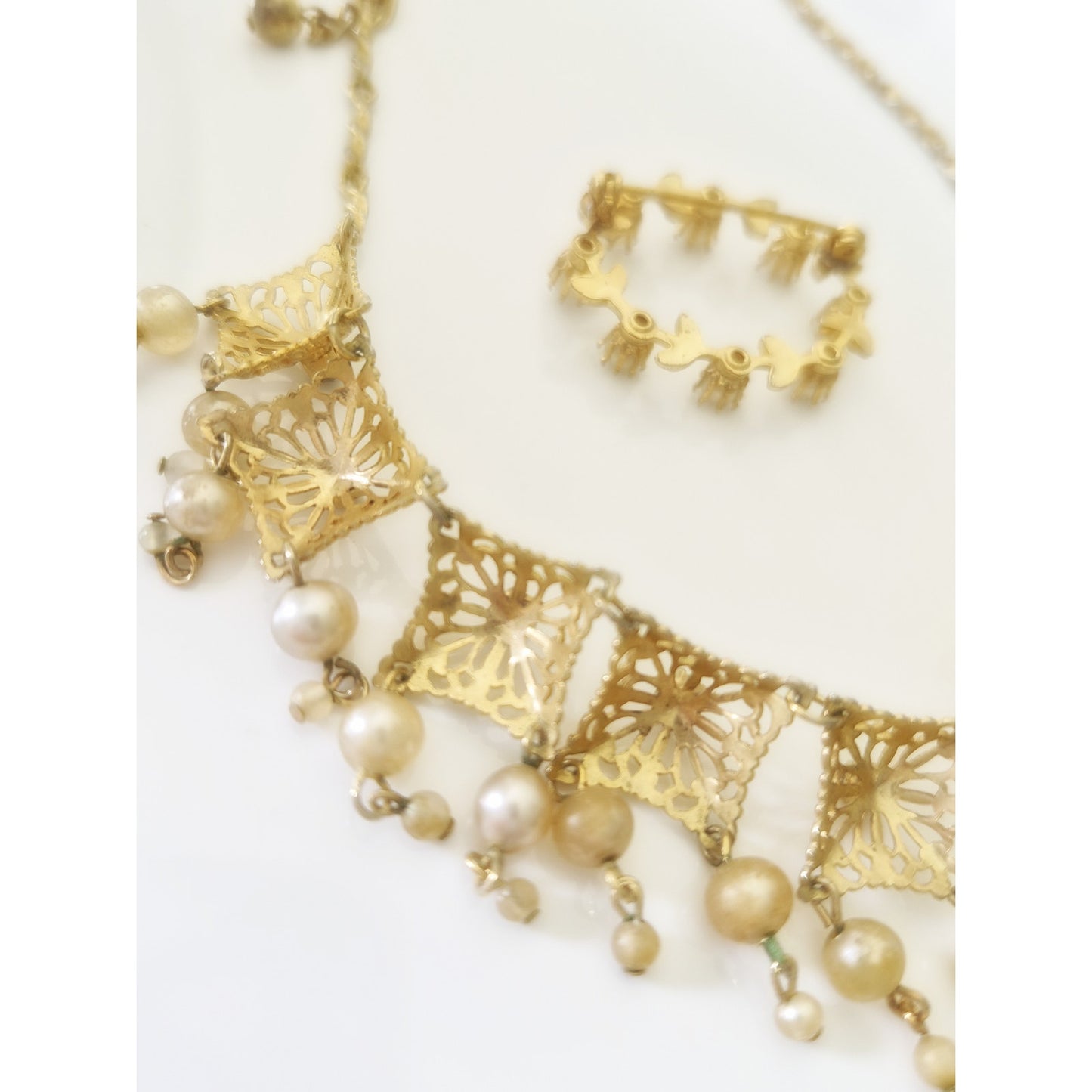 Vintage Gold Tone and Faux Pearl Necklace and Brooch Lot