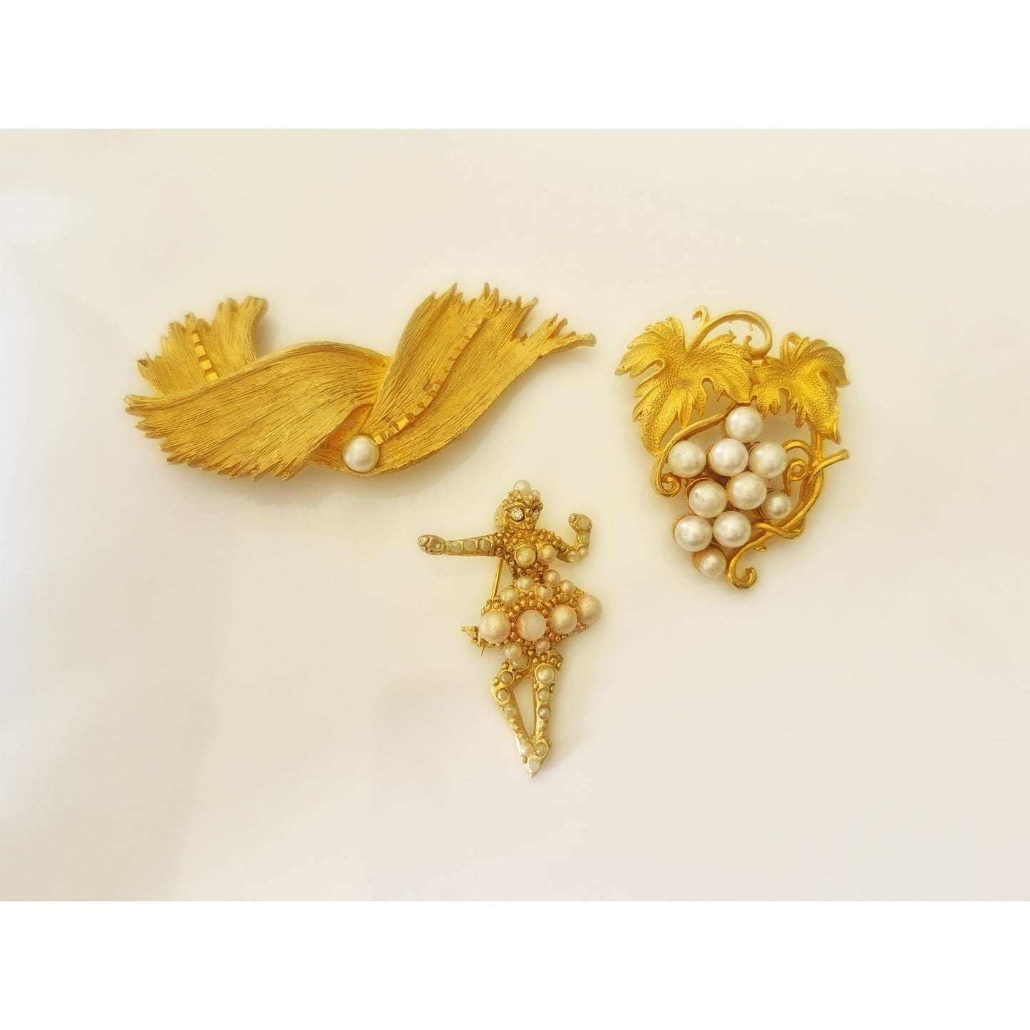 Vintage Gold-tone and Faux Pearl Brooch Lot of 3