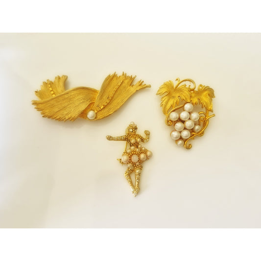 Vintage Gold-tone and Faux Pearl Brooch Lot of 3