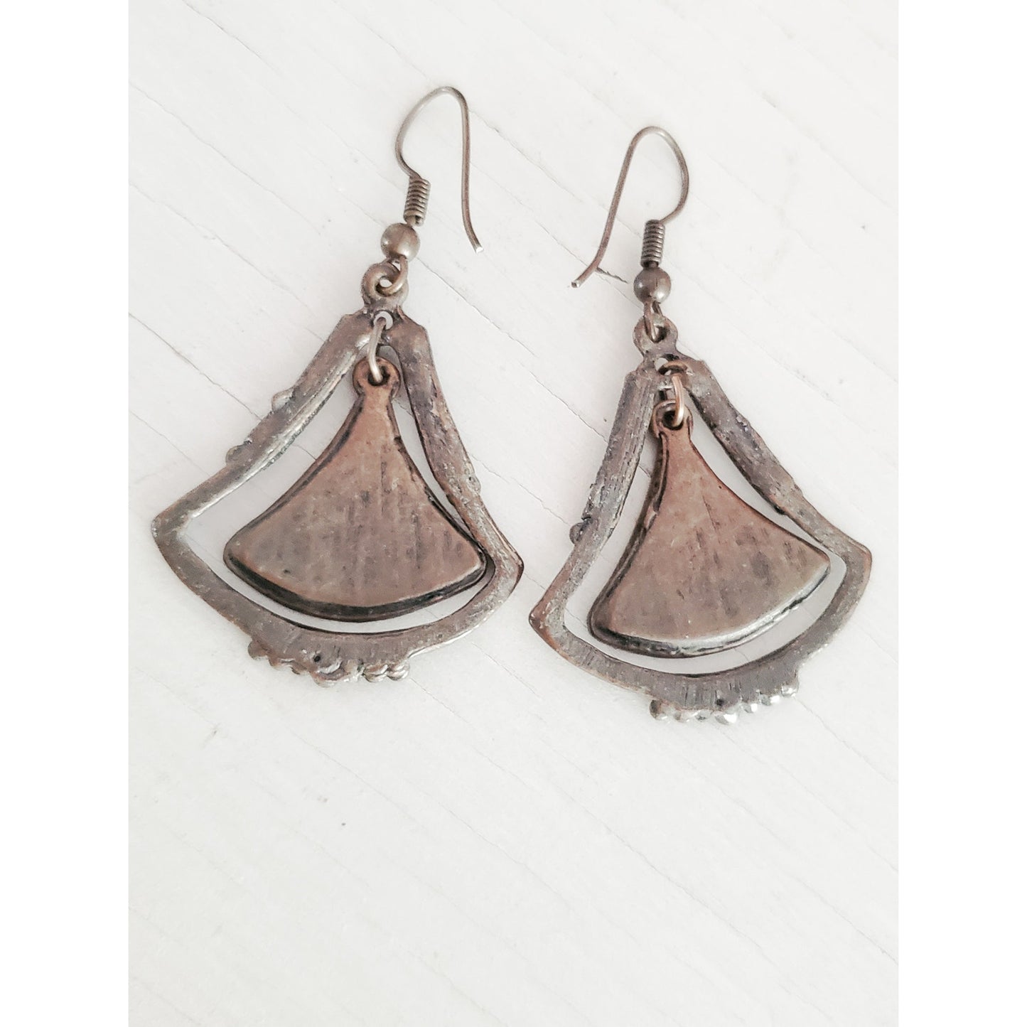 Vintage Silver-tone Blue Enamel Fan Dangle Earrings