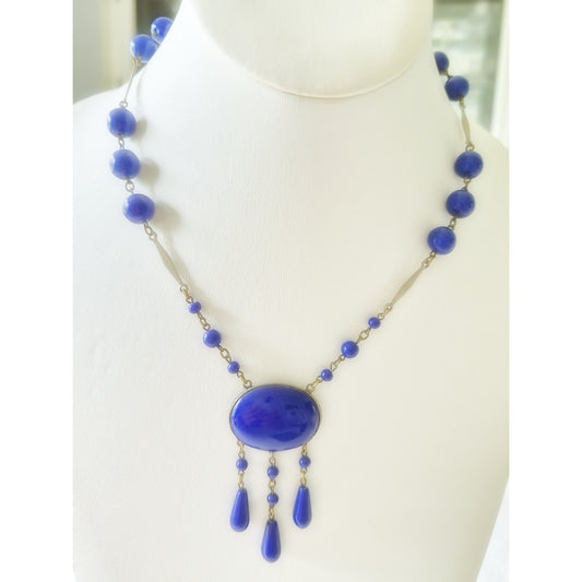 Vintage Blue Glass Bead Lariat Necklace