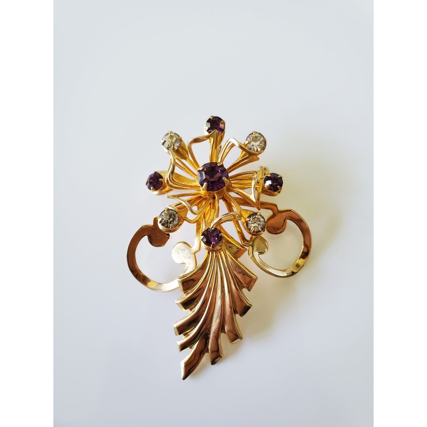 Vintage Gold Tone Dark Purple Stone Floral Brooch and Earring Set
