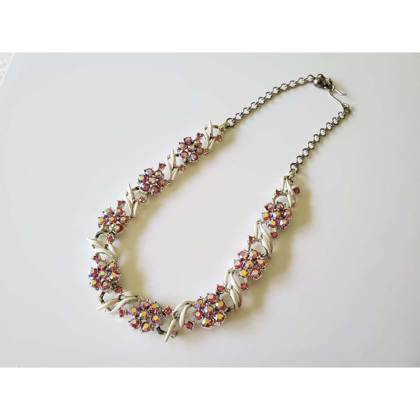 Vintage Aurora Borealis Rhinestone Silver Tone Necklace