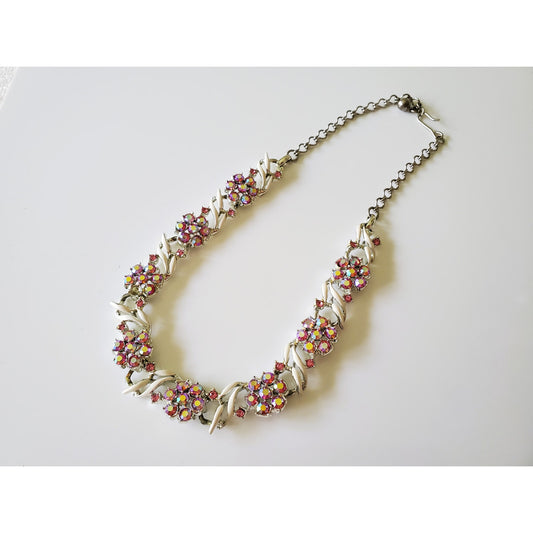 Vintage Aurora Borealis Rhinestone Silver Tone Necklace