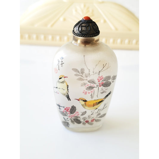 Vintage Chinese Bird and Floral Painted Snuff Bottle