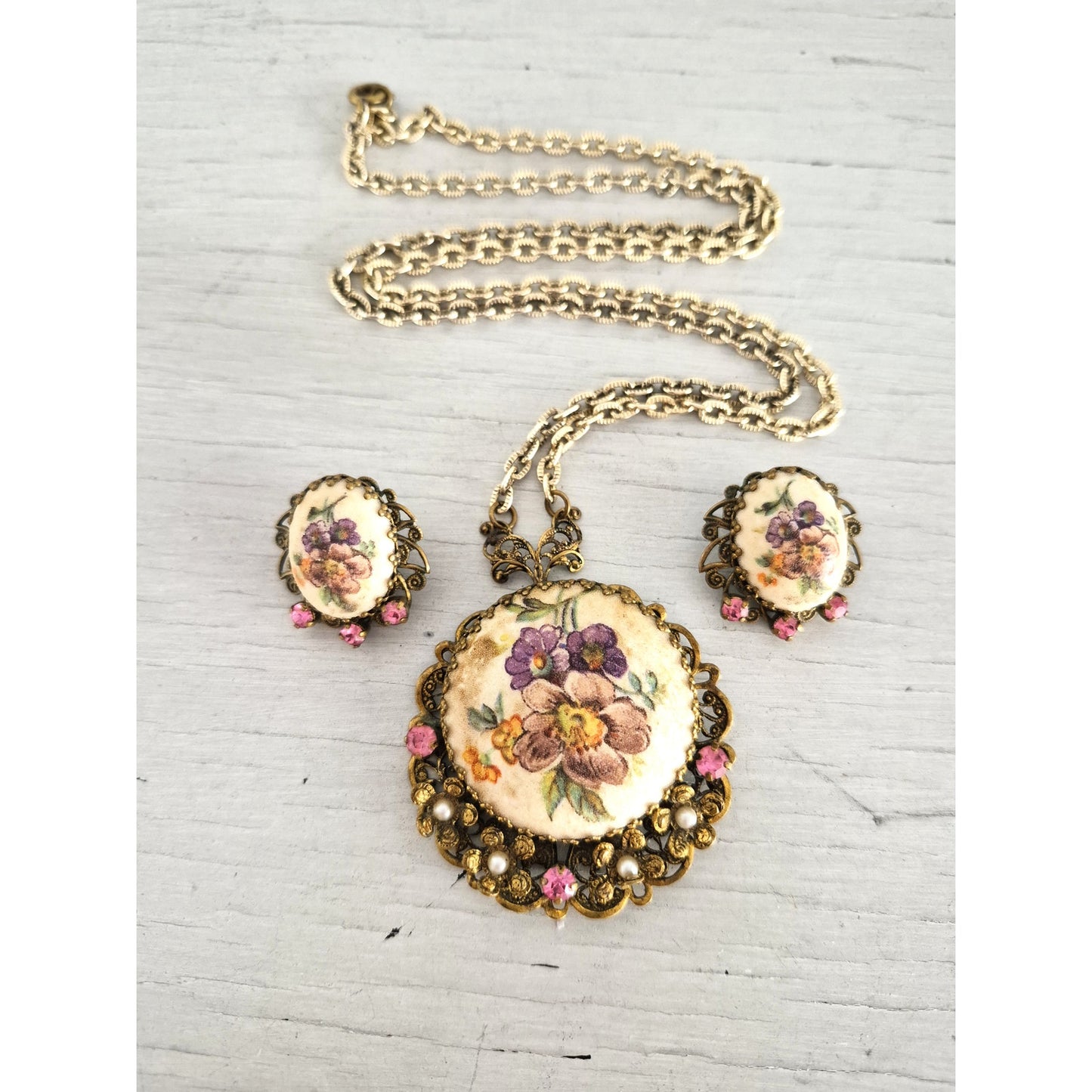 Vintage West Germany Pink Floral Necklace and Earring Set