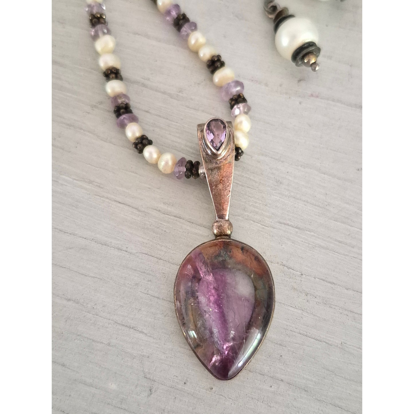Vintage Sterling Silver Sajen Amethyst & Freshwater Pearl Necklace with Earring