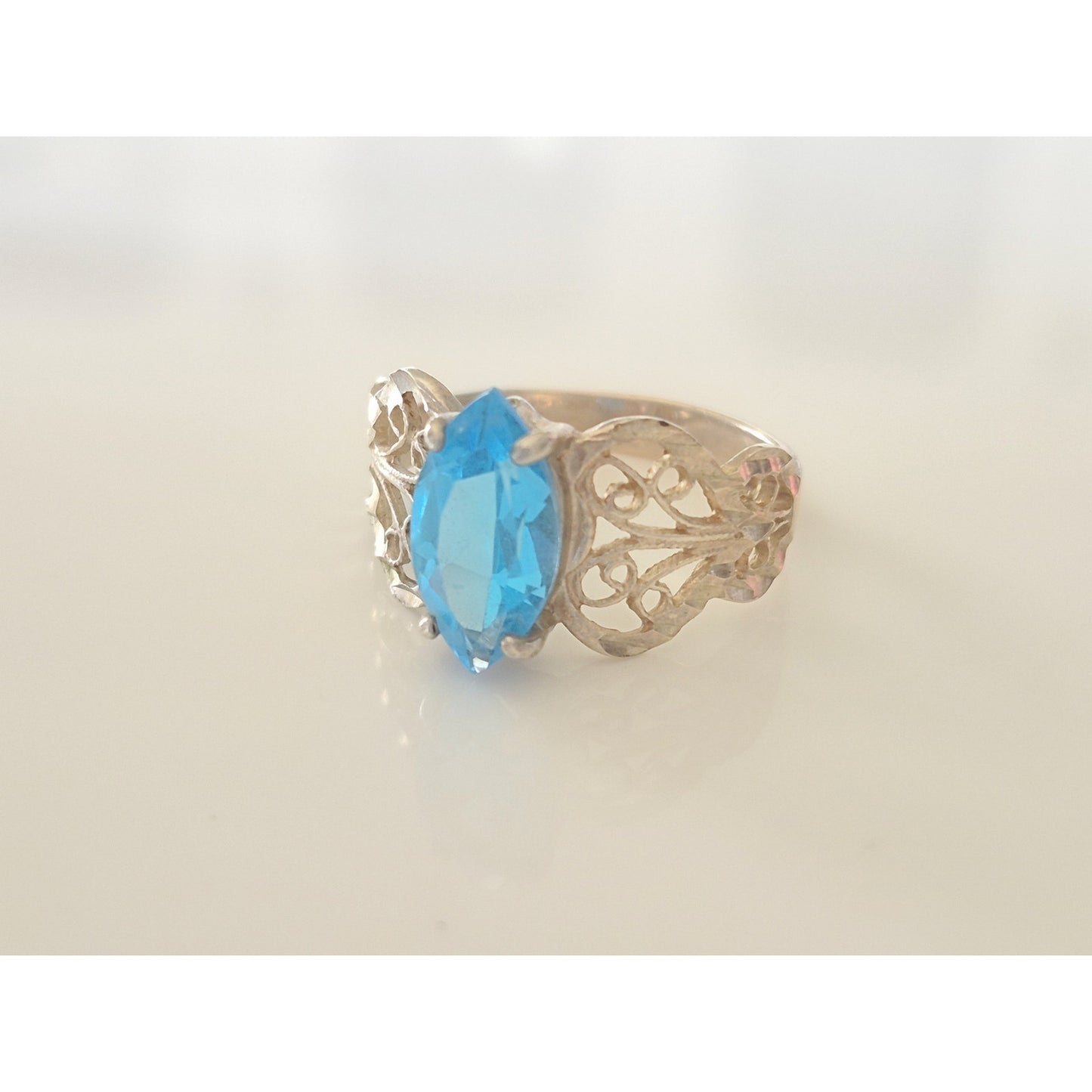 Vintage Topaz Marquise Sterling Silver Filigree Ring