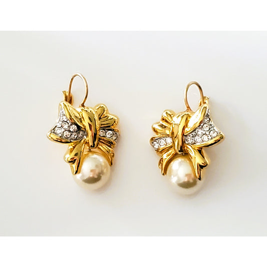 Vintage Kenneth Jay Lane Bow and Pearl Rhinestone Earrings