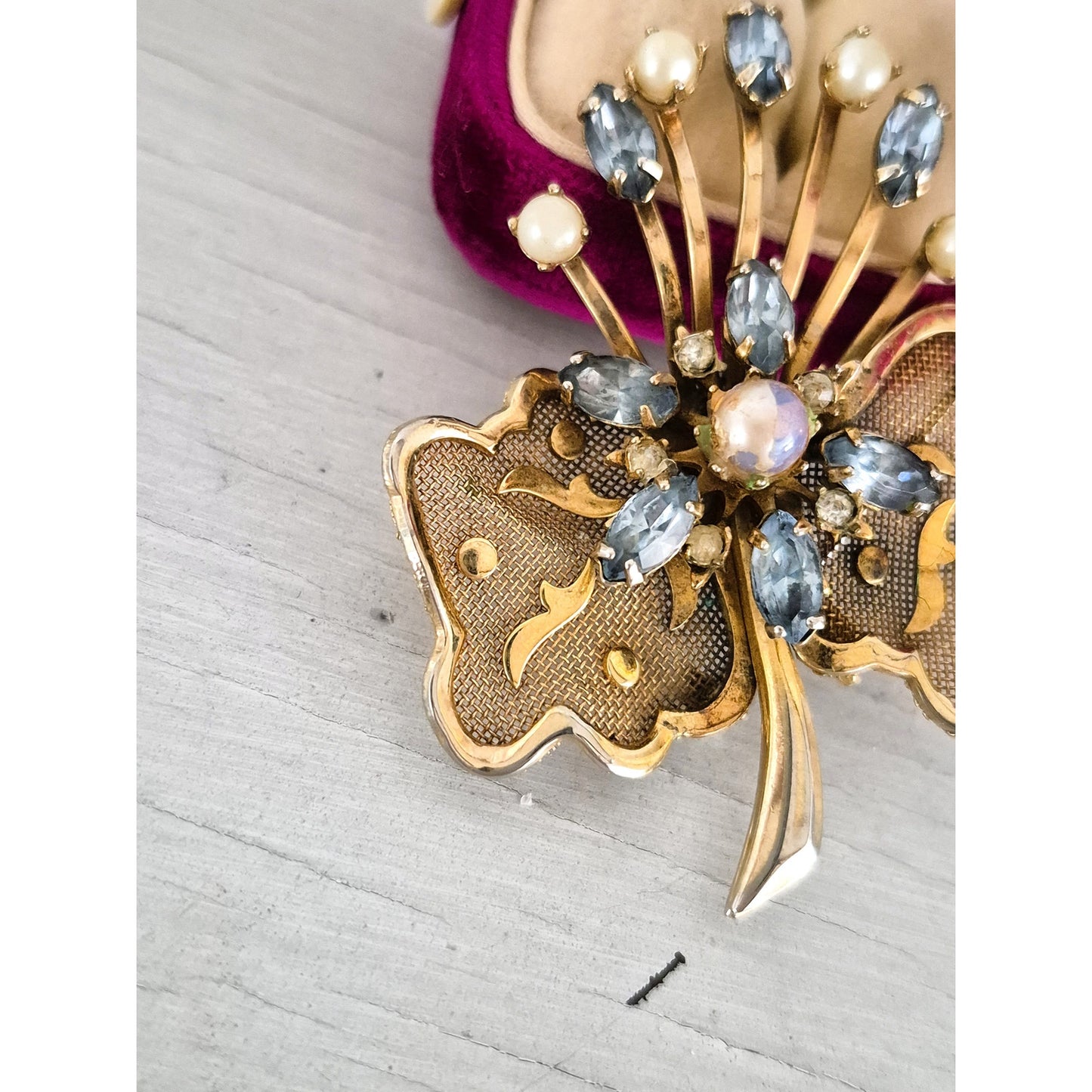 Vintage Gold Tone Blue Rhinestone and Faux Pearl Floral Brooch