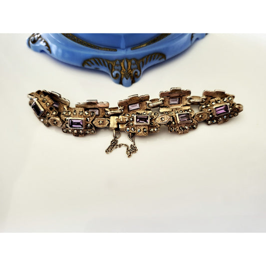 Vintage Sterling Silver Amethyst Marcasite Bracelet