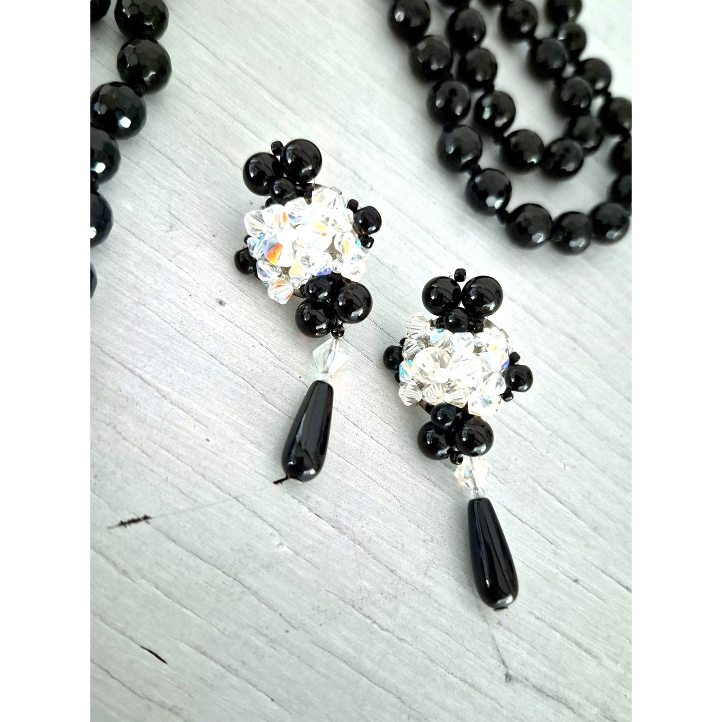 OKIKO Japan Black Bead Hand Knotted Tassel Necklace with Earrings