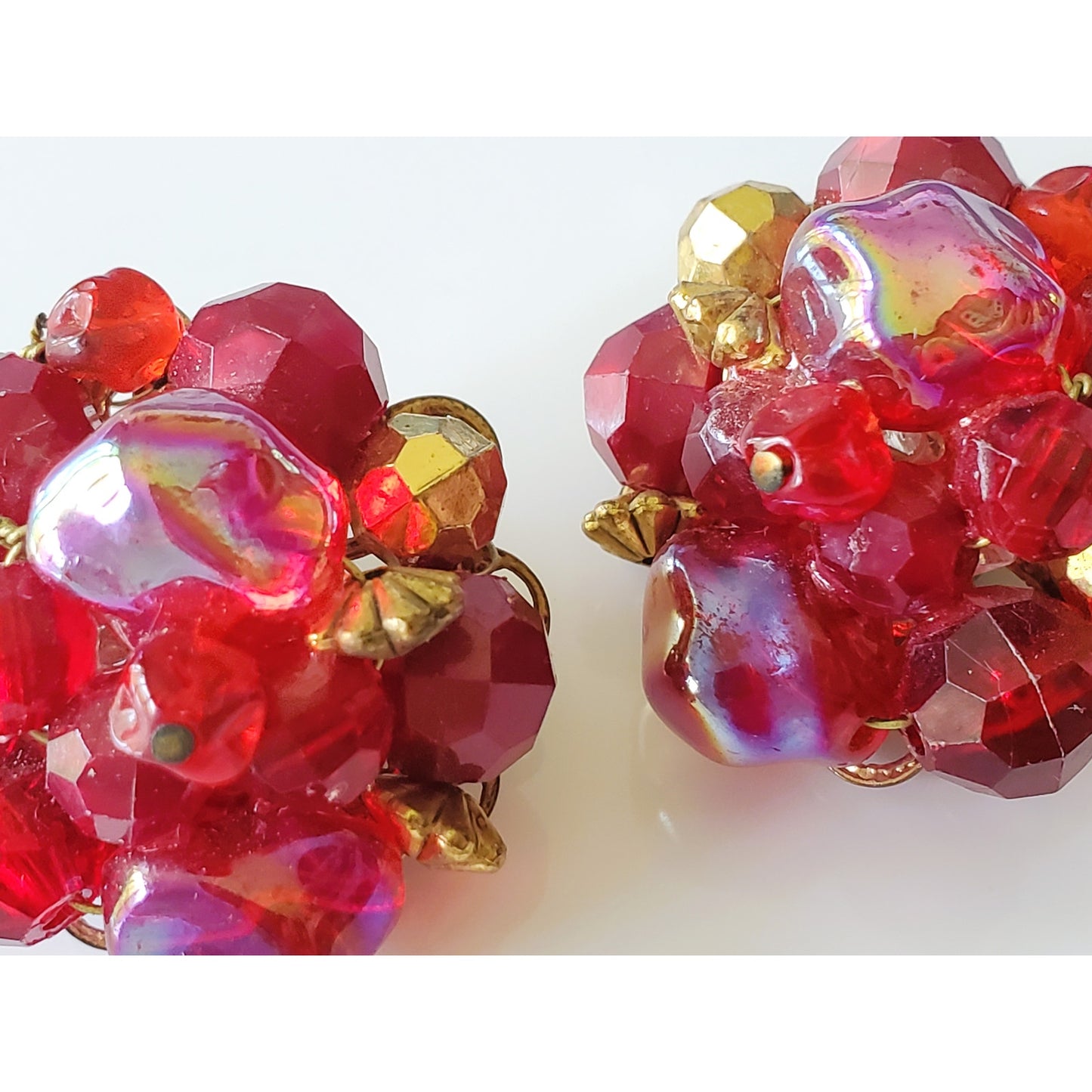 Vintage Aurora Borealis Crystal Beaded Clip On Earrings