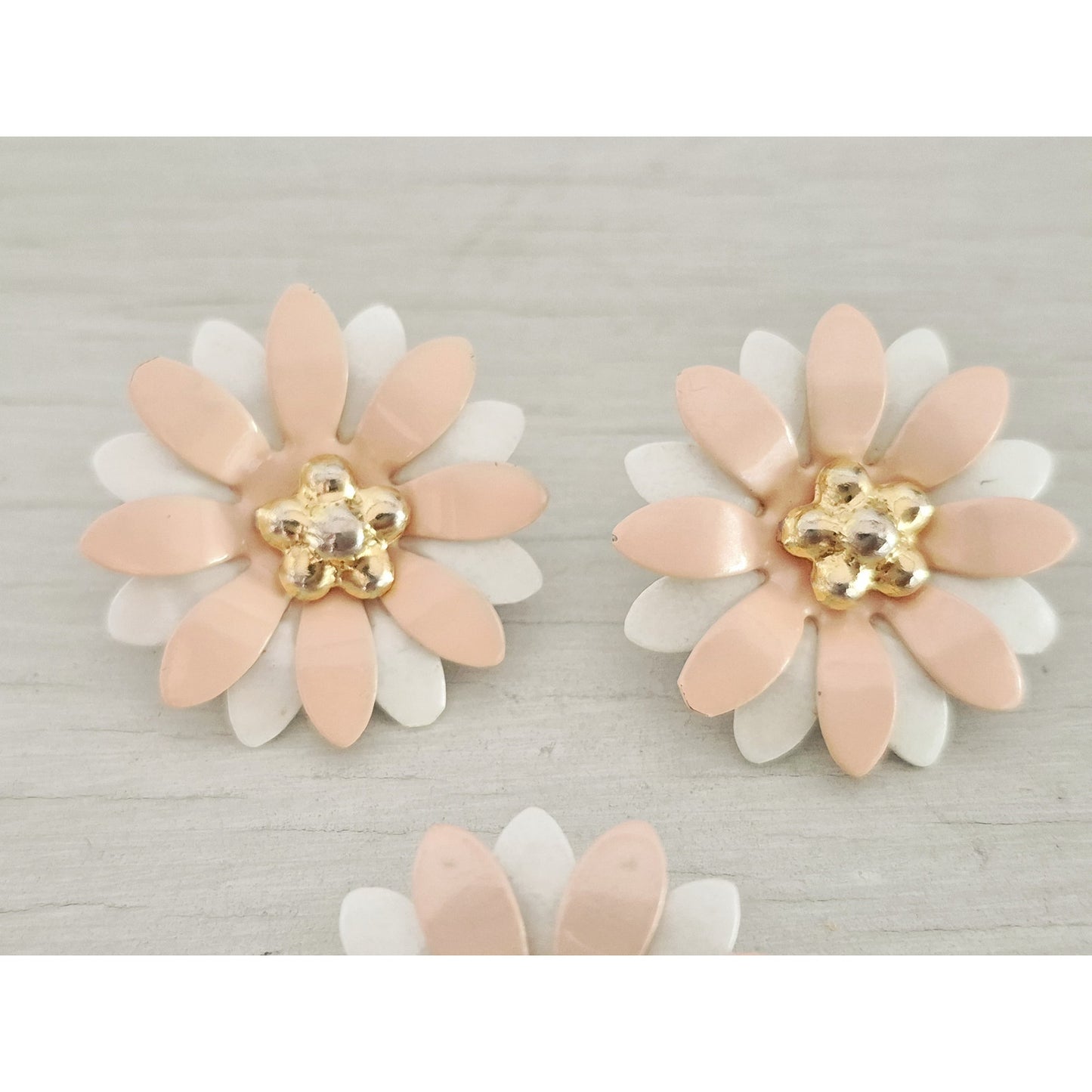 Blush Pink and White Layered Enamel Metal Flower Brooch and Earring Set
