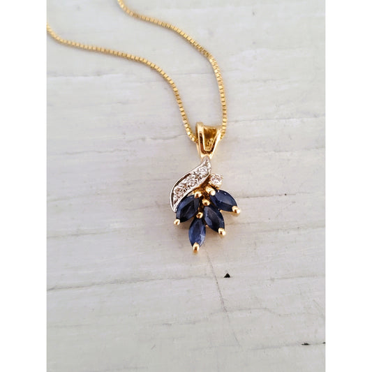 Vintage 14K Gold Dainty Sapphire and Diamond  Floral Necklace
