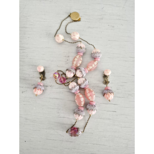 Vintage Pink Floral Lucite Plastic Bead Crystals Necklace and Earring Set