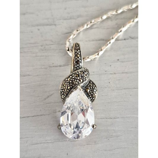 Sterling Silver Pear CZ Marcasite Pendant with Necklace