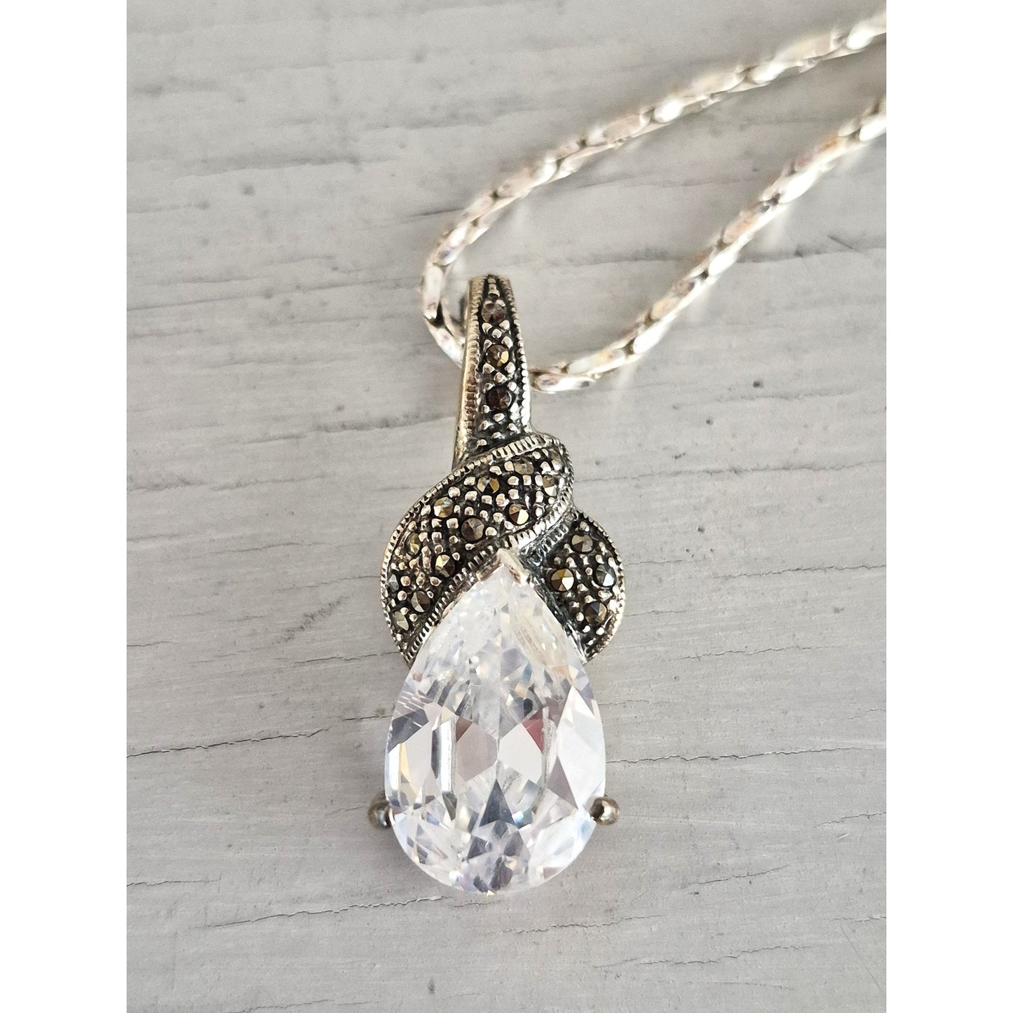 Sterling Silver Pear CZ Marcasite Pendant with Necklace