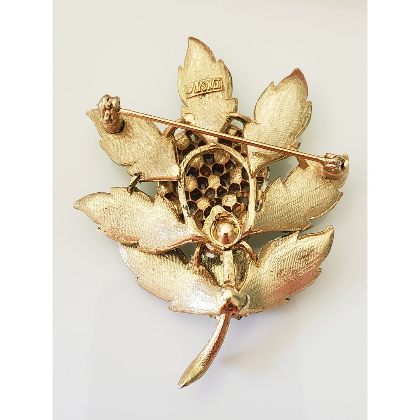 Vintage Lisner Sage Green Enamel Leaf AB Rhinestone Brooch