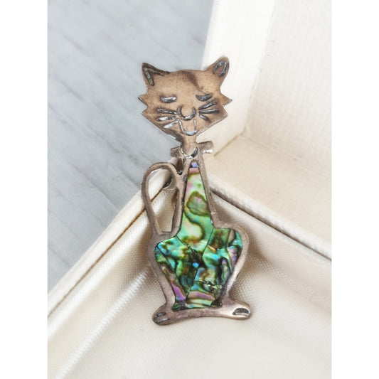 Abalone Shell Cat Sterling Silver Taxco Mexico Brooch Pin Vintage
