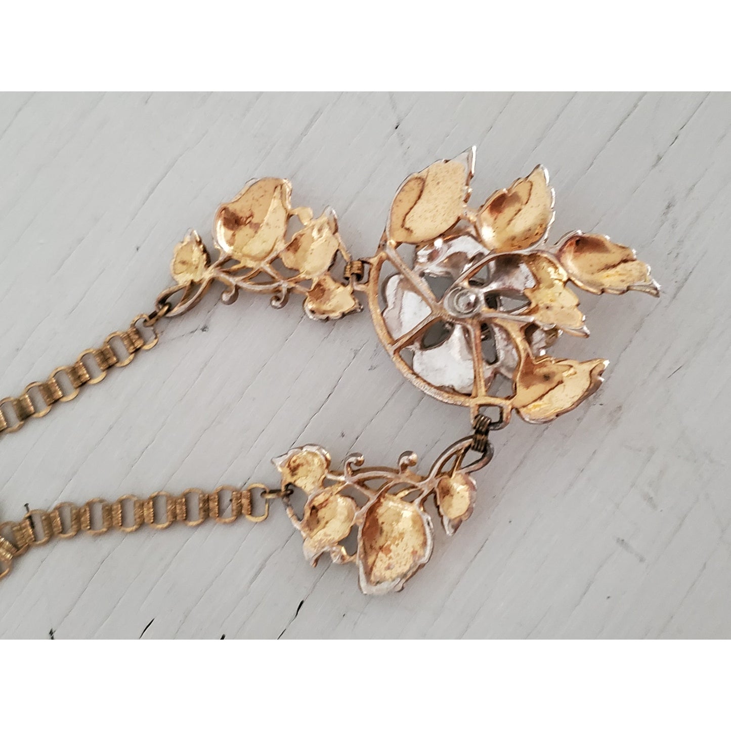 Vintage 1930s Book Chain Floral Rhinestone Statement Necklace and Bracelet Set