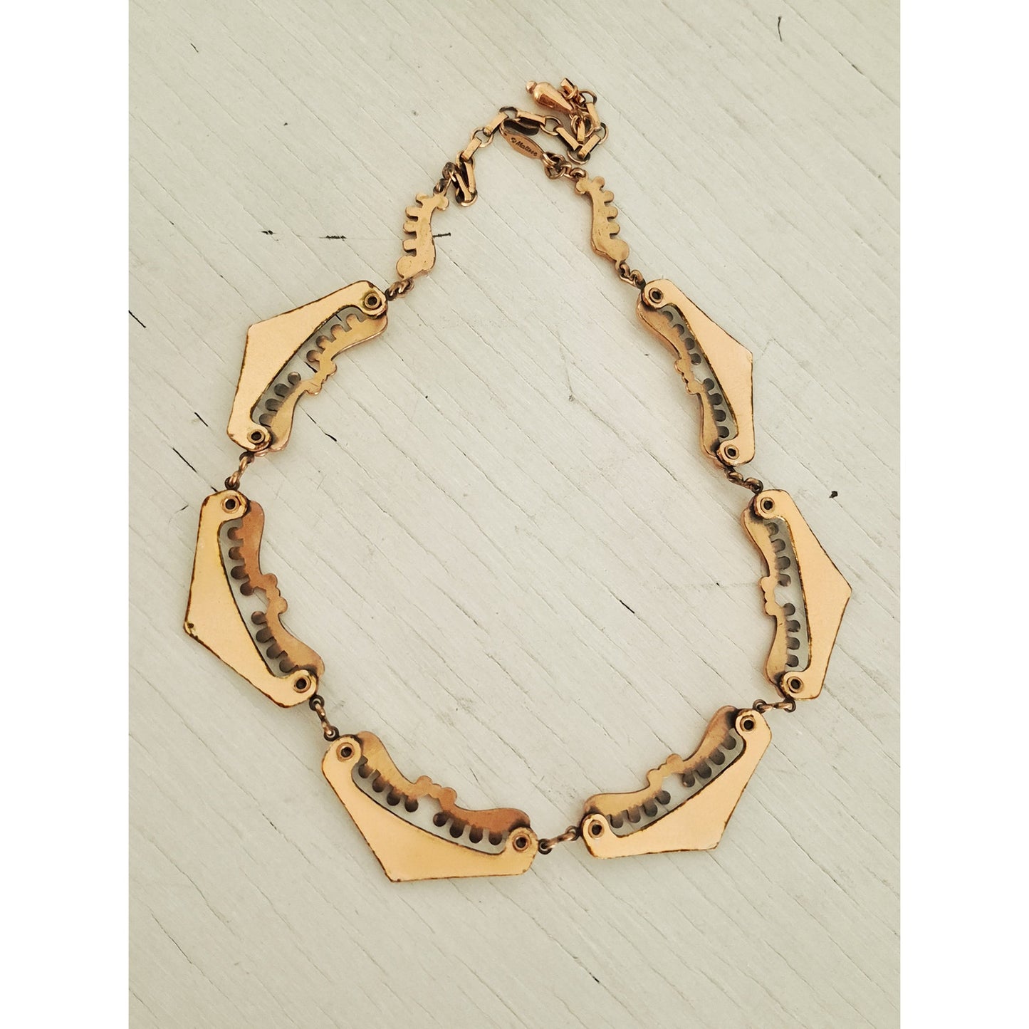 Vintage MCM Matisse Signed Copper White Enamel Atomic Necklace