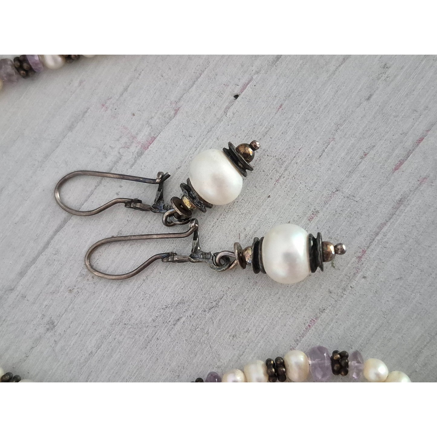 Vintage Sterling Silver Sajen Amethyst & Freshwater Pearl Necklace with Earring