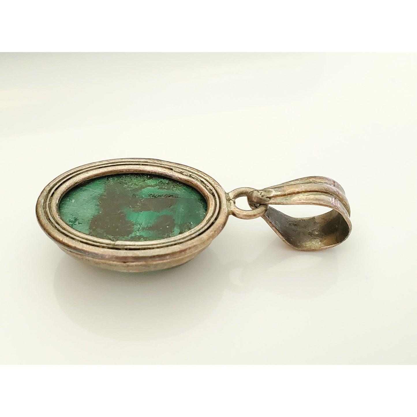Vintage Sterling Silver Oval Malachite Pendant