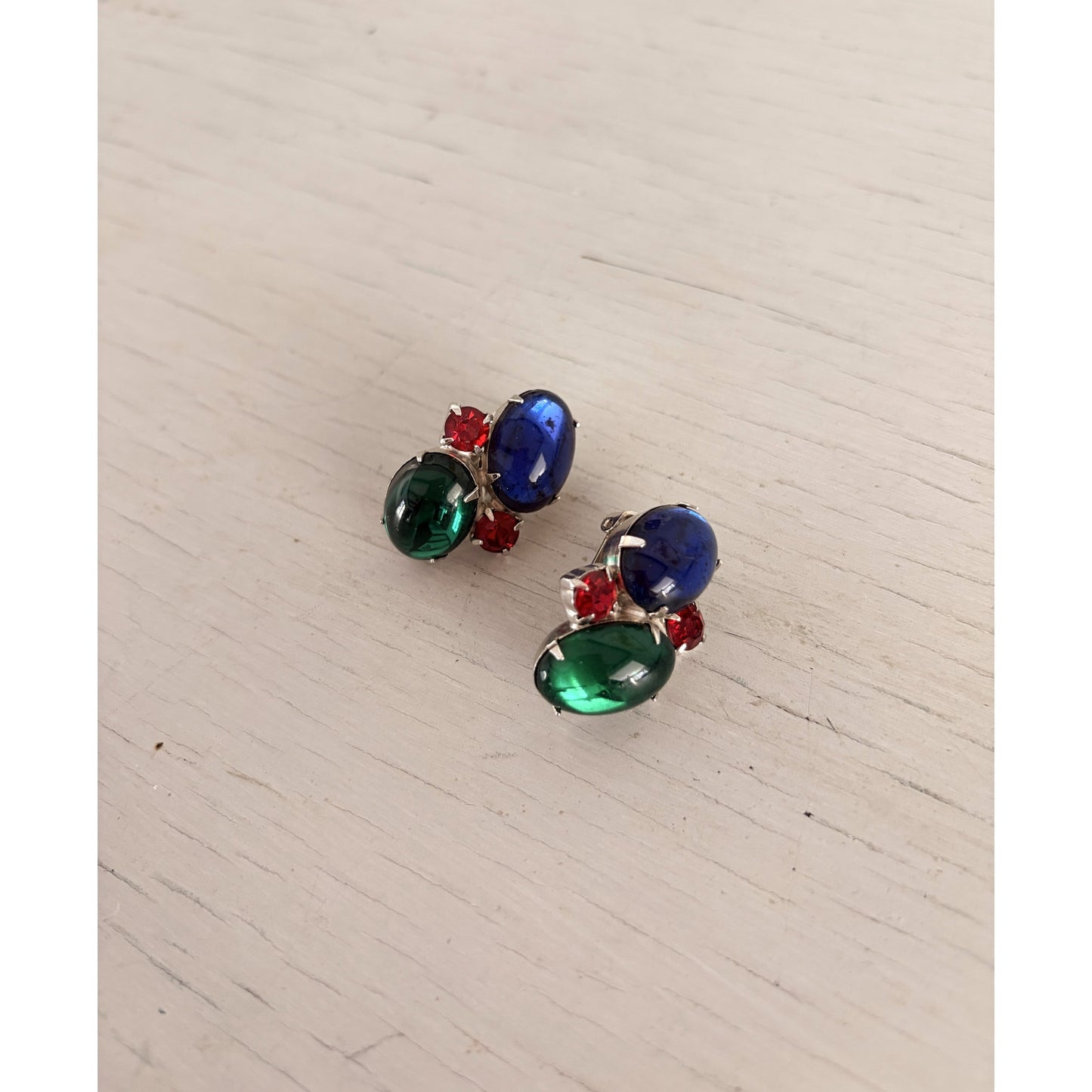 Vintage Jelly Carbochan Blue Red and Green Clip On Earrings