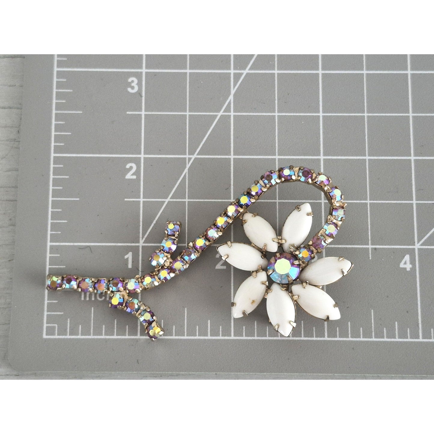 Vintage D & E Juliana Flower Milk Glass and AB Stone Brooch