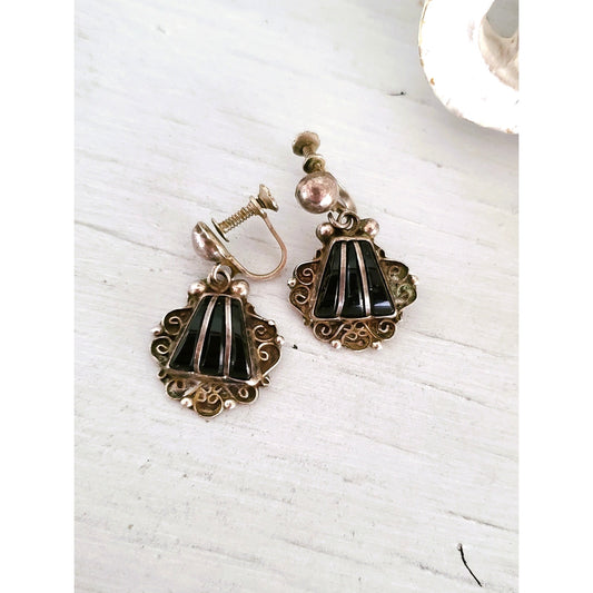 Vintage Sterling Silver Onyx Dangle Screw On Earrings