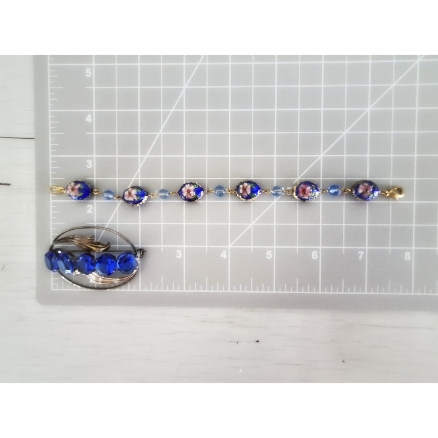 Vintage Art Deco Blue Crystal Stone Brooch and Cloisonne Beaded Bracelet Set
