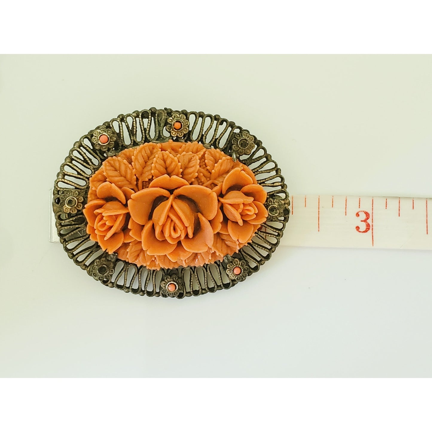 Vintage Red Celluloid Floral Antique Brooch