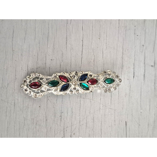 Vintage Multi-color Rhinestone Pot Metal Bar Brooch