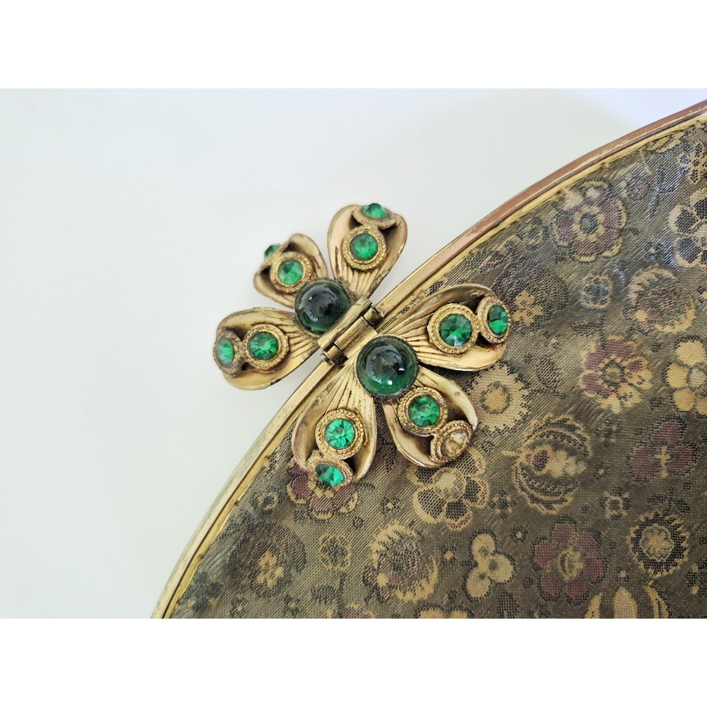 Vintage Antique 1930s Silk Brocade Hand Purse with Green Rhinestones
