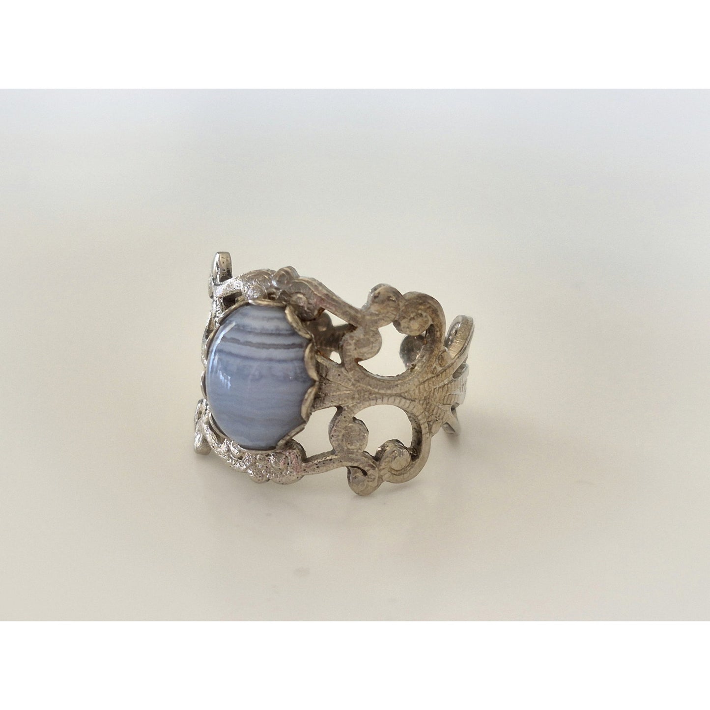 Vintage Blue Lace Agate Silver tone Filigree Ring