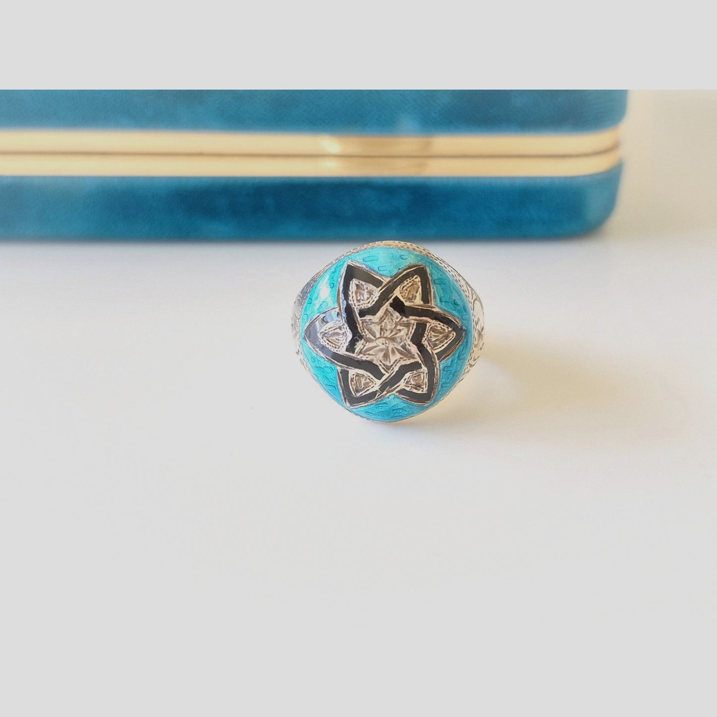 Vintage Siam Sterling Blue and Black Enamel Floral Etched Dome Ring