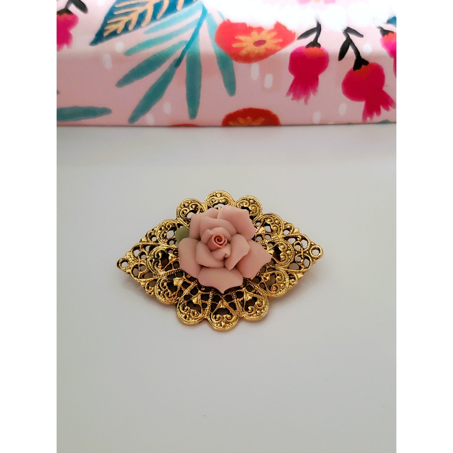 Vintage Porcelain Rose Gold Tone Brooch