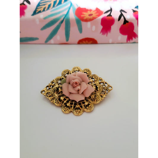 Vintage Porcelain Rose Gold Tone Brooch