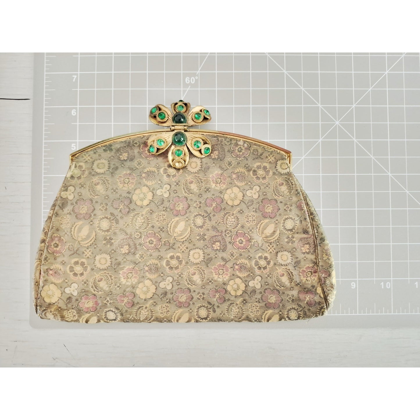 Vintage Antique 1930s Silk Brocade Hand Purse with Green Rhinestones