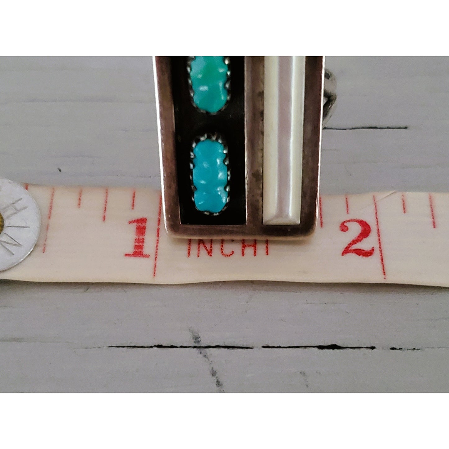 Vintage F. Panteah Zuni Sterling Silver Turquoise and Mother of Pearl Ring