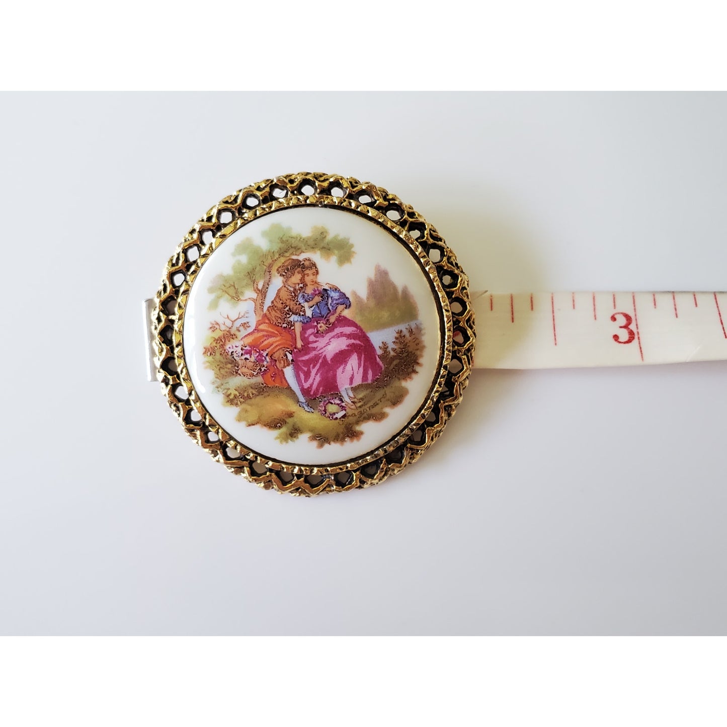 Vintage Porcelain Victorian Brass Brooch