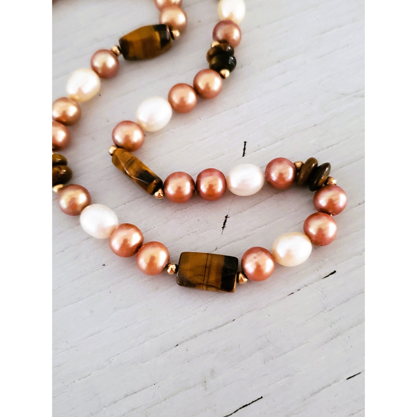 14K Gold Honora Natural Brown Cream Pearl & Tigers Eye Necklace