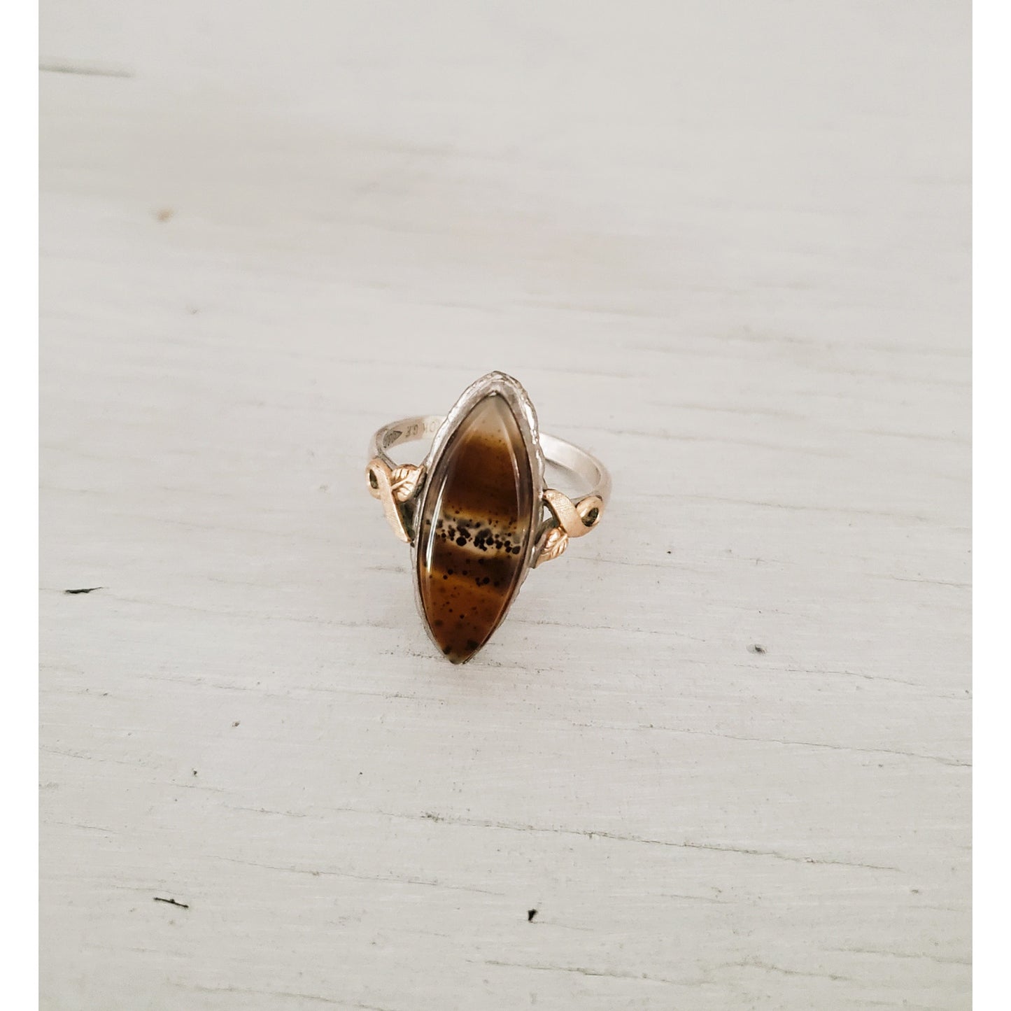 Vintage Clark & Coombs Sterling Silver and 10K Gold Filled Agate Ring