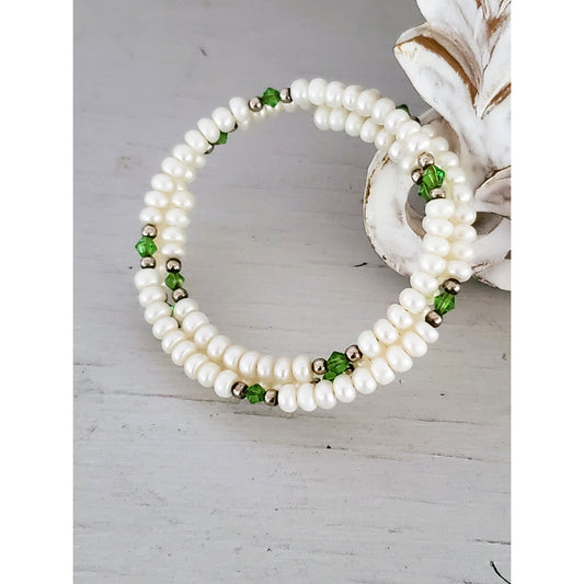 Natural Cultured Pearl and Green Bead Wrap Bracelet